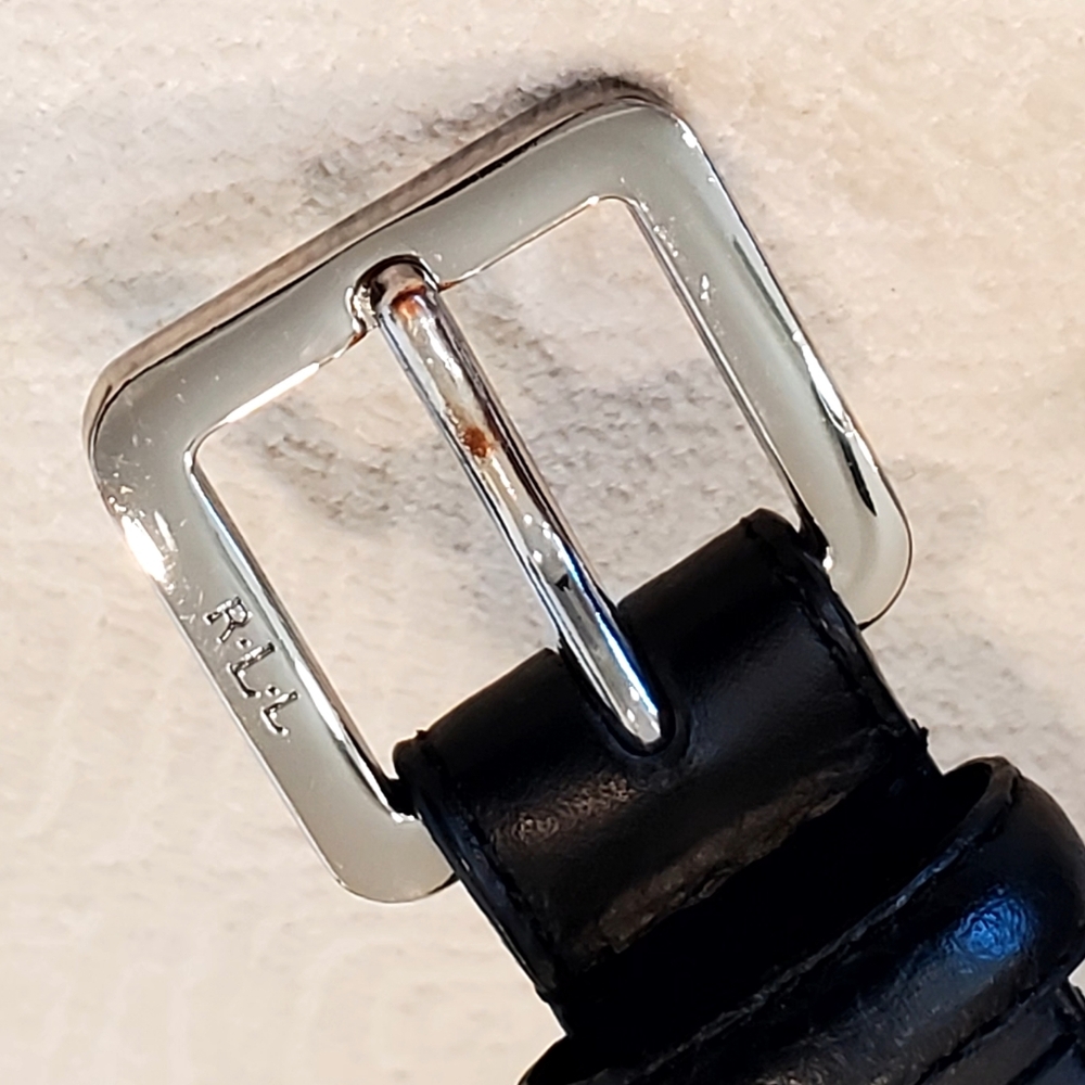 Ralph Lauren Black Leather Silver Monogram Buckle Silver Grommet Belt Lg EUC - Picture 11 of 16